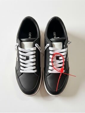 Off-White Black Leather Low-Top Sneakers with White Laces and Red Zip Tie